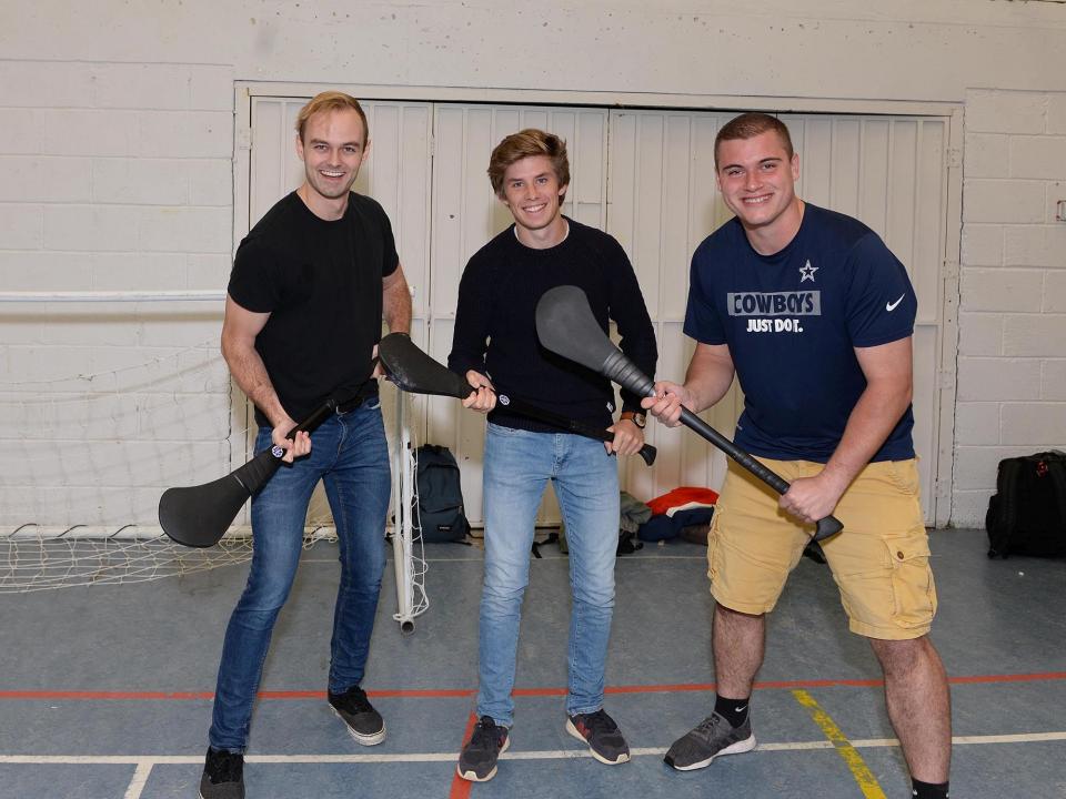 International students at GMIT Galway trying hurling