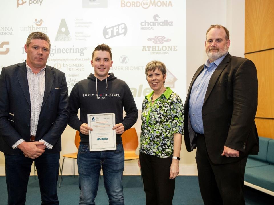 <p>Donal Collins, R&D Manager, McHale; student Adam Quigley, Newbliss, Co Monaghan, Agricultural Engineering poster competition winner; Dr Orla Flynn, President of Atlantic TU; and Professor Graham Heaslip, Head of the Engineering School. </p>
