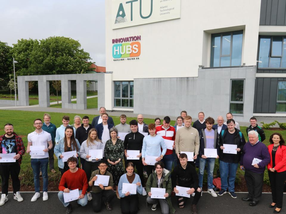 <p>Photo caption [Photo by Mike Shaughnessy. No fee]</p>

<p>All shortlisted ATU students pictured with ATU President Dr Orla Flynn, academic supervisors, and Heads of School. Back Row, L to R: Dr Patrick Tobin, Head of School of the School of Design & Creative Arts, Sean Keating, Celine Curtin, Head of Dept Creative Arts & Media, Mark Jennings, Prof Graham Heaslip, Head of School of Engineering, Jonathan Hoban, Ryan Connolly, Conor Mc Keogh, Niamh Heneghan, Ailish Sweeney, Mark Campbell, Academic Supervisor, Turlough Rafferty, iHub Operations Manager, Dr Des Foley, Head of School of Science and Computing, David Keary, Academic Supervisor.<br />
Centre Row, L to R): Leigh Moran, Martin Lohan, Klaudia Broda, Natasha Keogh, Dr Orla Flynn, ATU President, Shaun Burke, Steven Raftery, Aaron Forde, Barry Mc Grath, Sean King, Thomas Burke, Ivan McPhillips, Academic Supervisor, Éilis McNulty, Academic Supervisor.<br />
Front Row , L to R): Conor Ostheimer, Jia Xin Chai, Veronica Kitskan, Ben Lardner, James Mc Nabola.<br />
[Academic supervisors missing from the picture are: Annette Cosgrove, Valerie Butler and George Finnegan].</p>
