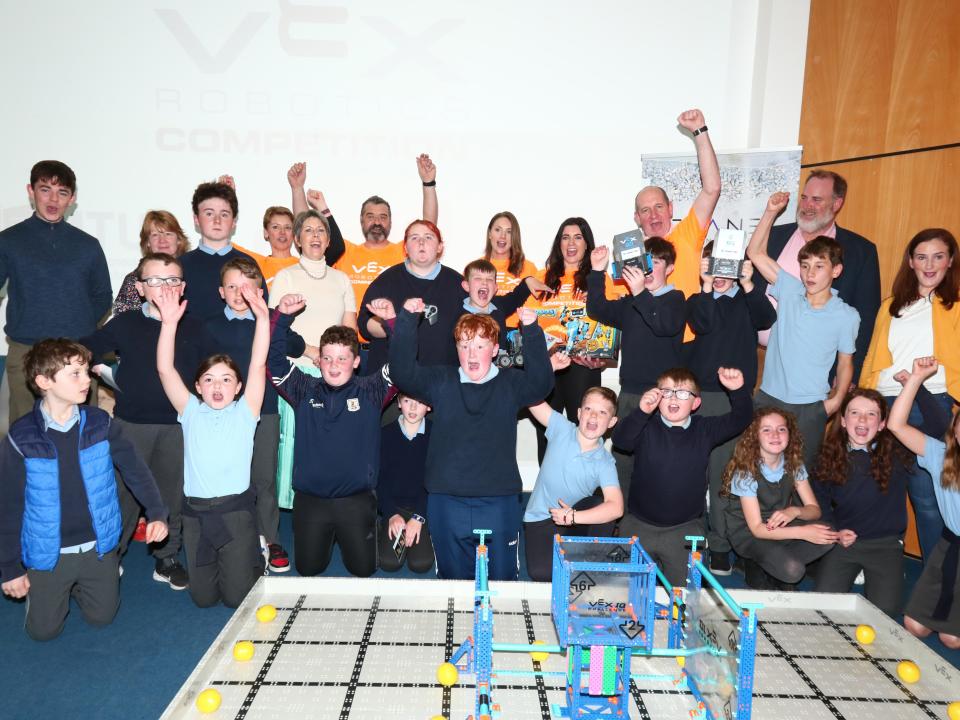 <p>Clonfert NS pupils, Overall Champions, pictured with ATU President Dr Orla Flynn, ATU Galway Head of Engineering Prof Graham Heaslip, ATU Galway VEX Coordinator Dr Carine Gachon, Vex National Coordinator David Hodge from MTU, sponsors Isobel Foye, Colm Mitchell and Gail Quinn from Trane Technologies International – Thermo King, teachers Ivan Turley, Brenda Coghlan, and Anne-Marie Hyland  at Atlantic TU on Friday, 13 May 2022 at the VEX 2022 competition.</p>
