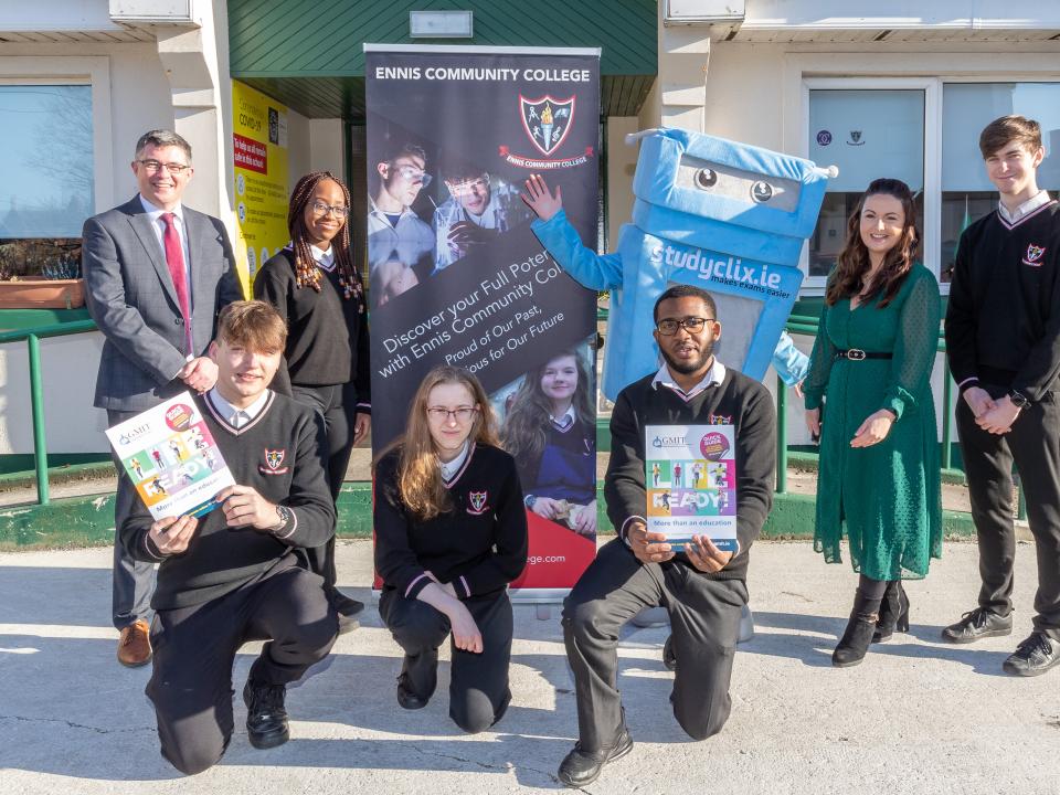 <p>At Ennis Community College, Clare, L to R, front row: students Colm Howard, Lyra Karsaj, Tobi Olanrewaju.<br />
Back row: Brian O Donoghue (Principal), Emmanuela Moses (student), Lorraine Cunningham (Schools Liaison Oficer), Padraig Dinan (Student)<br />
 </p>
