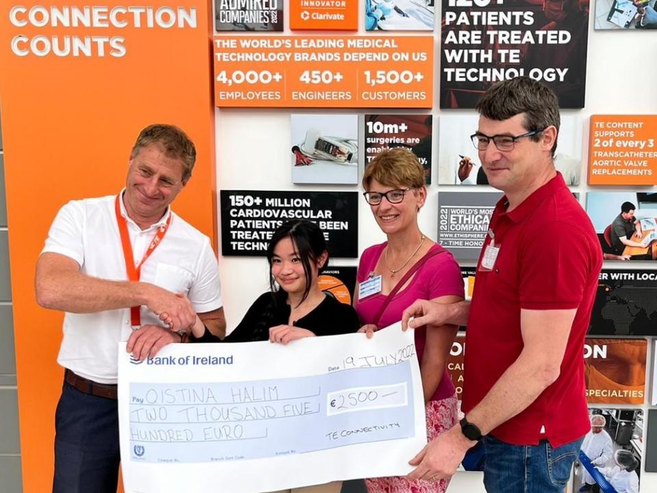 <p>L to R: Matthew Stubbs, Manufacturing Engineering Manager, TE Connectivity; student Qistina Binti Ab Halim, bursary recipient; Dr Carine Gachon, Transcend Project Manager, ATU; and Dr Oliver Mulryan, Head of Department, Mechanical and Industrial Engineering, ATU.</p>
