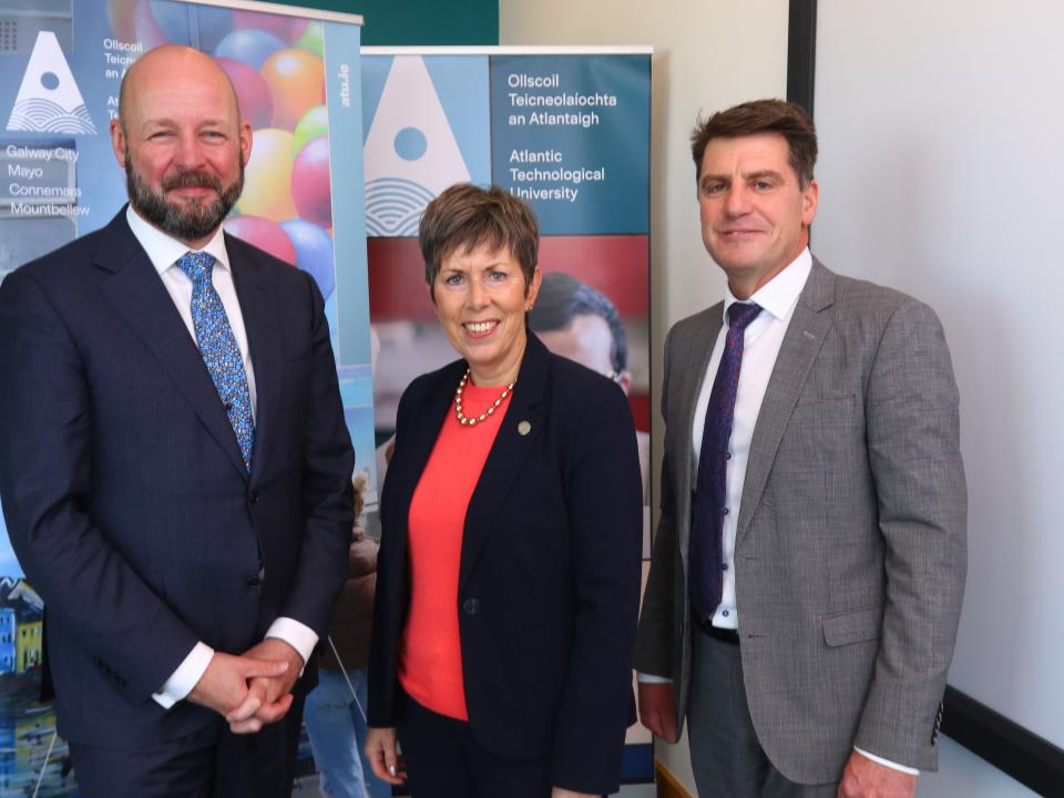 <p>Professor Philip Nolan, Director General, Science Foundation Ireland (SFI); Dr Orla Flynn, President, ATU; Dr Rick Officer, VP for Research & Innovation, ATU Galway-Mayo at the launch of the new PRTPs in the ATU Galway city campus.<br />
 </p>
