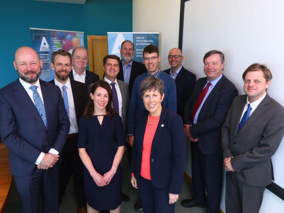 <p>Professor Philip Nolan, Director General, Science Foundation Ireland (SFI); Dr Eoin Furey, Lead Supervisor on the new PRTP programme “Modelling and Computation for Health and Society (MOCHAS); Chris O’Malley, VP Research, Innovation & Engagement, ATU Sligo; Dr Marion McAfee, ATU Sligo; Dr Rick Officer, VP for Research & Innovation, ATU Galway-Mayo; Professor Graham Heaslip, Head of School of Engineering, ATU Galway-Mayo; Dr Liam Morris, MET Centre, ATU Galway-Mayo; Dr Orla Flynn, President, ATU; Dr George Onofrei, Lead Supervisor on the PRTP programme “Operations and Supply Chain Research (OSCAR), ATU Donegal; Dr John Bartlett, Head of Research, ATU Sligo; and Dr Eoin Cullina, Head of Research, Galway-Mayo.</p>
