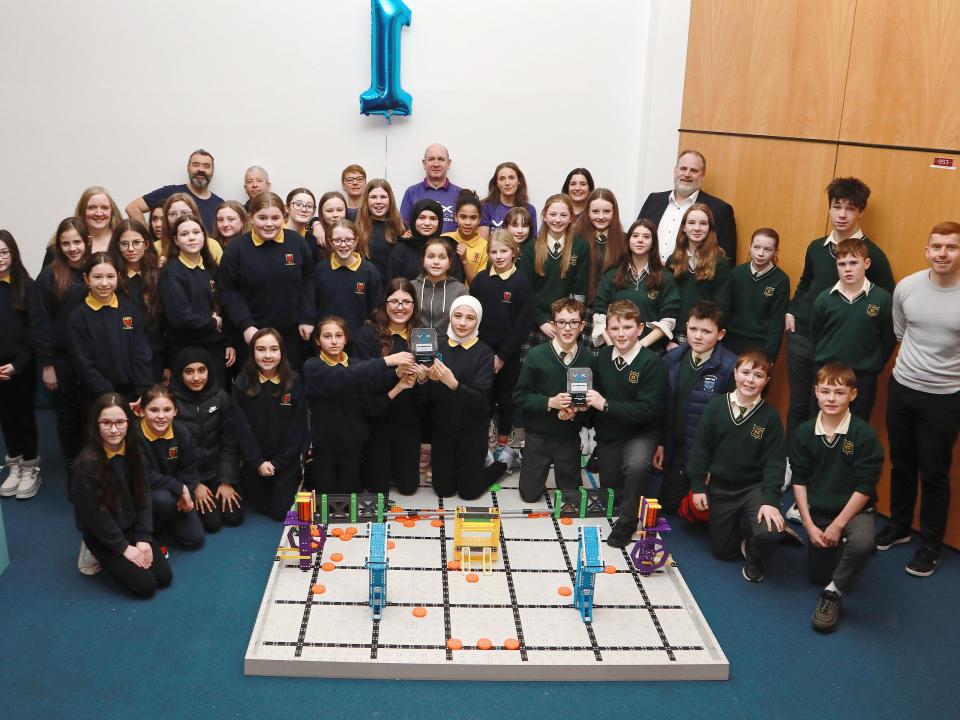 <p>Picture captions: [Photos by Sean Lydon]</p>

<p>Photo: Claremorris and Coolarne <br />
The teamwork champions Scoil Muire Gan Smal Claremorris pupils (left side) and their teacher Laura Prendergast, St Vincent NS Coolarne pupils (Right side) with their teacher Marc Goldrick, pictured with ATU Galway-Mayo Head of Engineering Prof Graham Heaslip, ATU Galway-Mayo VEX Coordinator Dr Carine Gachon, Vex National Coordinator David Hodge from MTU, Offaly County Council VEX Coordinator Ray Bell, sponsors Isobel Foye, Colm Mitchell and Gail Quinn from Trane Technologies International – Thermo King, on Friday, 13 January 2023 at the VEX 2023 competition.<br />
 </p>
