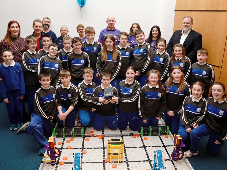 <p>Picture captions: [Photos by Sean Lydon]</p>

<p>Photo: Glencastle <br />
Glencastle NS pupils, recipients of the Judges award, , pictured with ATU Galway-Mayo Head of Engineering Prof Graham Heaslip, ATU Galway-Mayo VEX Coordinator Dr Carine Gachon, Vex National Coordinator David Hodge from MTU, Offaly County Council VEX Coordinator Ray Bell, sponsors Isobel Foye, Colm Mitchell and Gail Quinn from Trane Technologies International – Thermo King, teachers Roseleen Ruddy and  Declan Brady on Friday, 13 January 2023 at the VEX 2023 competition.<br />
 </p>
