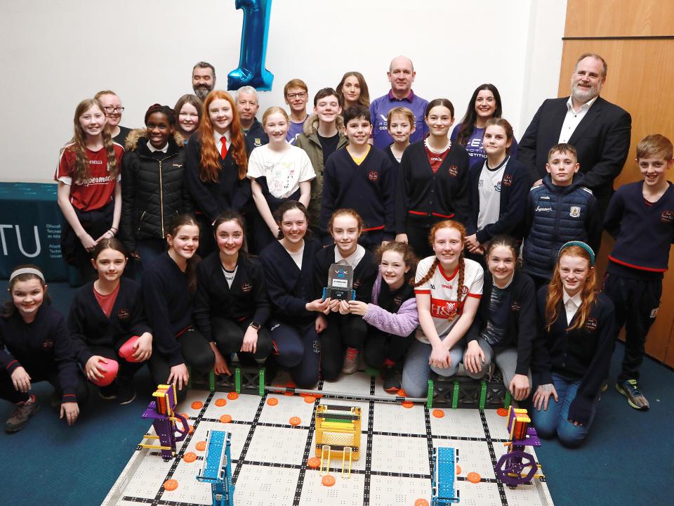 <p>Picture captions: [Photos by Sean Lydon]</p>

<p>Photo: Carnmore <br />
Carnmore NS pupils, Design Award recipients, pictured with ATU Galway-Mayo Head of Engineering Prof Graham Heaslip, ATU Galway-Mayo VEX Coordinator Dr Carine Gachon, Vex National Coordinator David Hodge from MTU, Offaly County Council VEX Coordinator Ray Bell, sponsors Isobel Foye, Colm Mitchell and Gail Quinn from Trane Technologies International – Thermo King, teacher Niamh Kelly-Smith on Friday, 13 January 2023 at the VEX 2023 competition.<br />
 </p>
