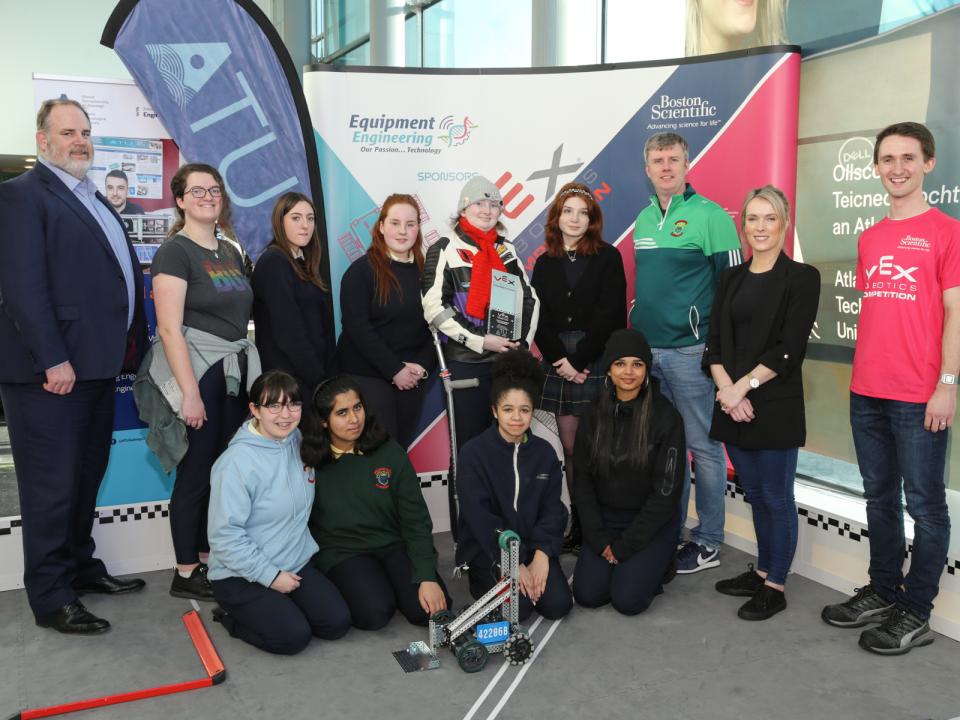 <p>Ardscoil Mhuire Ballinasloe students, tournament champions, pictured with ATU Galway Head of School of Engineering Professor Graham Heaslip, sponsor Ryan Reich from Boston Scientific, teachers Karl Elliffe  and Kate Hogan on Thursday, 19 January 2023 at the ATU Galway VEX VRC 2023 competition. Photo by Martina Regan.</p>
