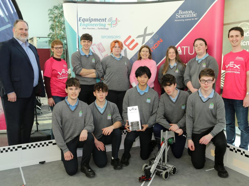 <p>Presentation College Headford students, tournament champions, pictured with ATU Galway Head of School of Engineering Professor Graham Heaslip, ATU Galway VEX Coordinator Dr Carine Gachon, sponsor Ryan Reich from Boston Scientific, teacher Deirdre Halloran, pictured on Thursday, 19 January 2023 at the ATU Galway VEX VRC 2023 competition. Photo by Martina Regan.</p>
