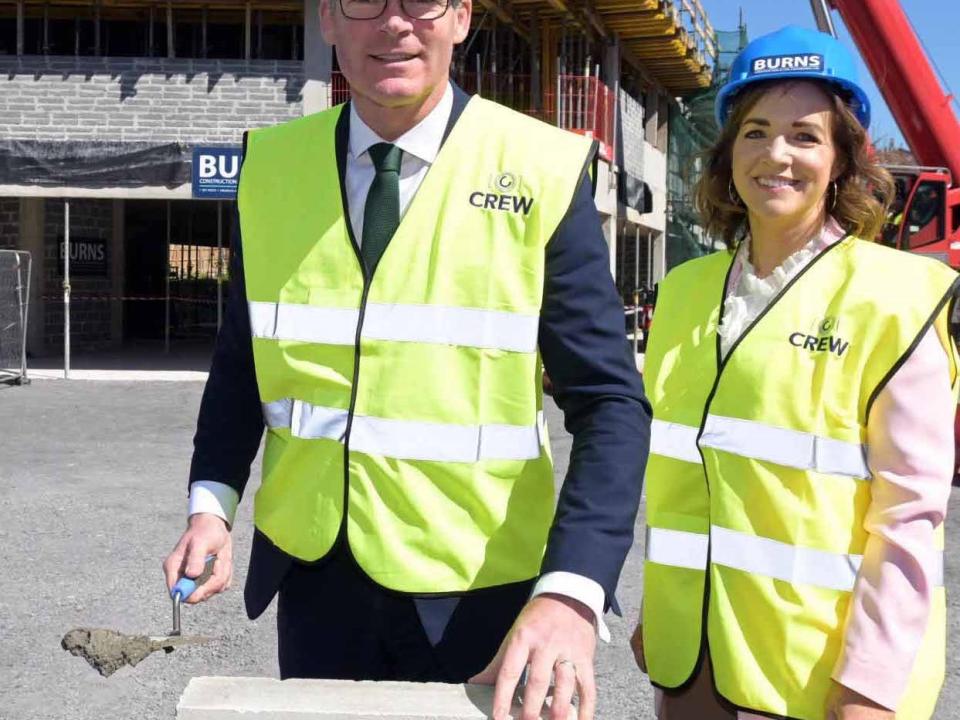 <p>Image caption: Simon Coveney, TD, Minister for Enterprise, Trade and Employment with Niamh Costello, CEO of CREW, at the brick laying ceremony to mark the construction phase of the CREW Creative Enterprise Hub Galway at the Atlantic Technological University (ATU) Galway city (Wellpark Road) campus. Photo Andrew Downes Xposure.<br />
 </p>
