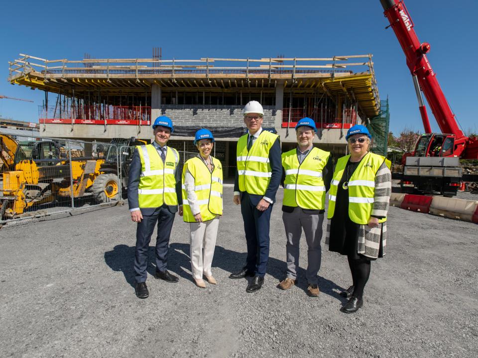 <p>Pictured at the building site of the new Creative Enterprise West (CREW) on the ATU Galway city (Wellpark Road)  campus, L to R: Dr Rick Officer, Vice-President, Research & Innovation, ATU; Dr Orla Flynn, President of ATU; Minister Simon Coveney, Minister for Enterprise, Trade and Employment; Dr Paddy Tobin, Head of School of Design & Creative Arts, ATU Galway-Mayo; Celine Curtin, Head of Dept Creative Arts & Media, ATU Galway-Mayo.</p>

<p>[Photo: Andrew Downes]</p>
