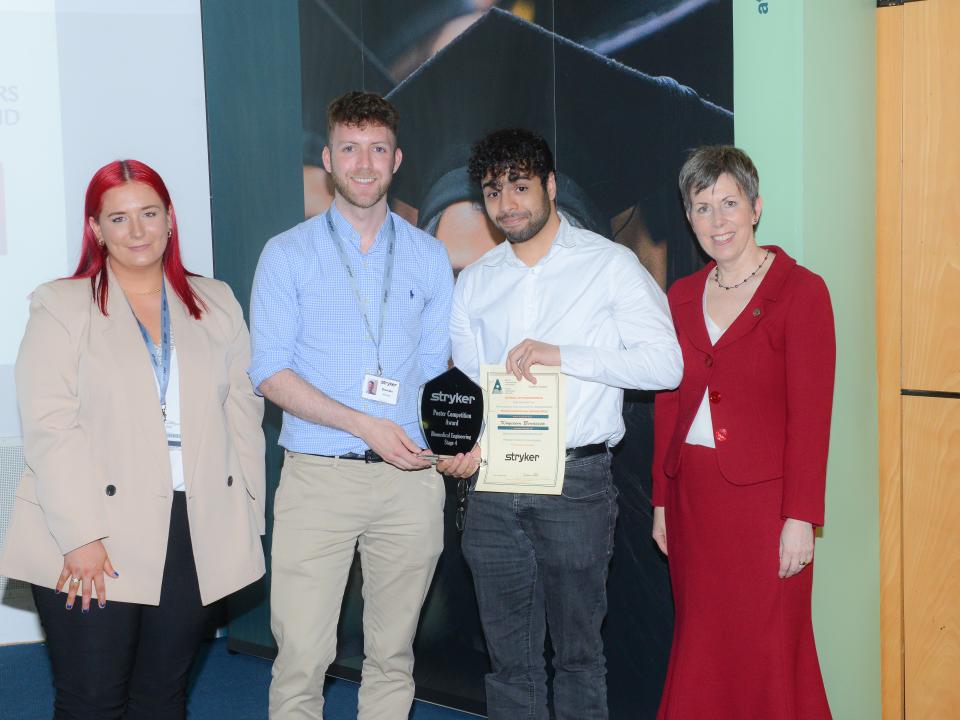 <p>Biomedical Engineering Competition Winner <br />
L to R: Aoife Earnor, R&D Graduate Engineer and Brendan Kilkenny, Senior Process Engineer, Stryker; Kayceem Benaissa, Biomedical Engineering, Poster Competition Award Recipient; and Dr Orla Flynn, President of ATU. <br />
 </p>
