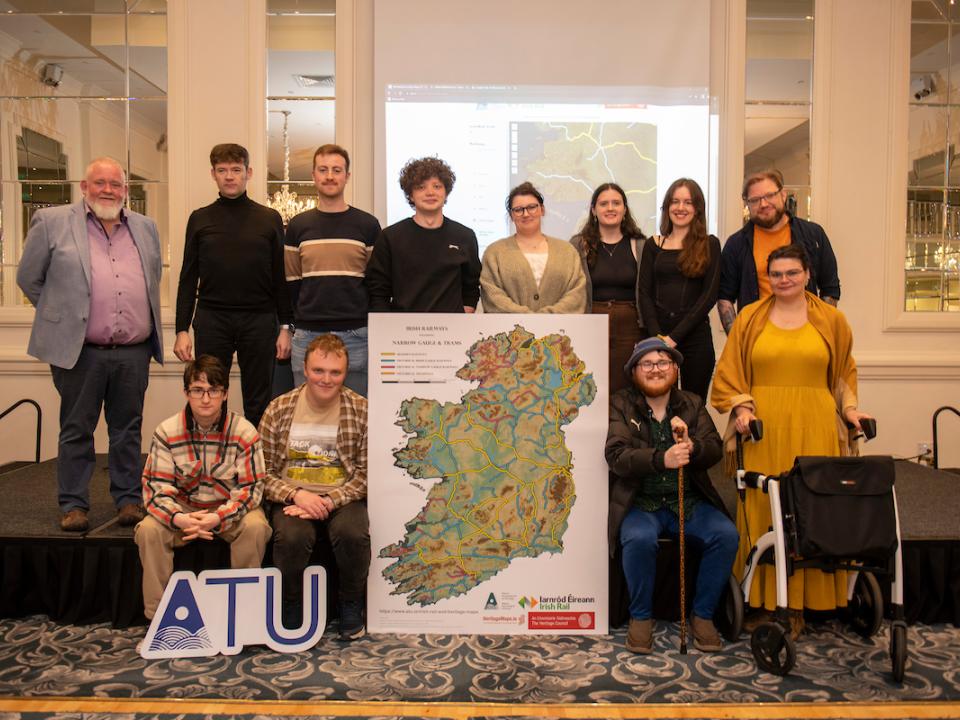 <p>Pictured in the Hardiman Hotel, Galway city, at the launch of the ATU Heritage student project with Irish Rail.<br />
L to R, front row: Pat Reid, Heritage Maps, lecturer Dr Mark McCarthy, ATU Galway city, students Jake Justice, Seamie Minogue, Áine McCafferty, Claire McPhilips, Orlagh Diskin, and lecturer Gary Dempsey, ATU Galway city. L-R, front row: ATU Heritage students Sean Stephens, Cathal Greene, Mark O'Boyle, and Skyler Driscoll. </p>

<p>[Photo: Andrew Downes]<br />
 </p>
