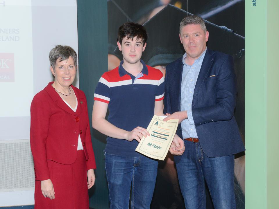 <p>Agricultural Engineering Competition Winner <br />
L to R: Dr Orla Flynn, President of ATU; Eoin McLoughlin, Agricultural Engineering, Poster Competition Award recipient; and Donal Collins, R&D Manager, McHale.</p>
