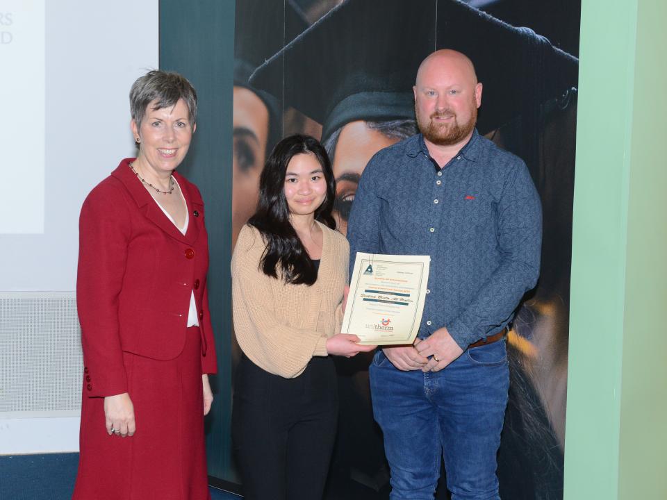 <p>Energy Engineering Competition Winner <br />
L to R: Dr Orla Flynn, President of ATU; Qistina Binti Ab Halim, Energy Engineering, Poster Competition Award recipient; and Shane Kelly, Director, Unitherm.</p>
