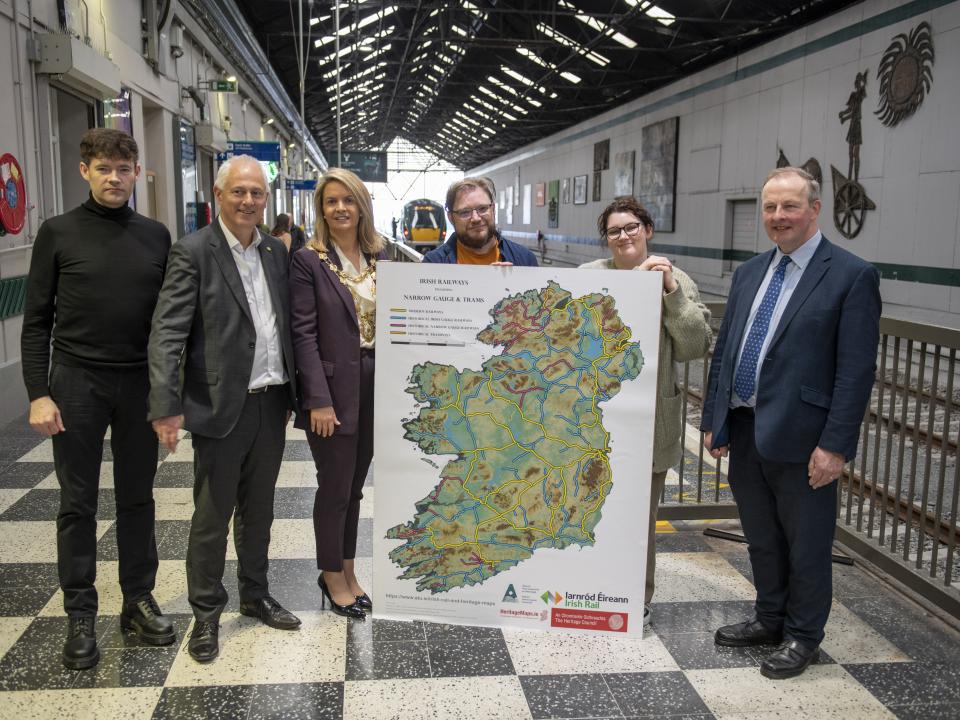 <p>The Mayor of Galway City Cllr Clodagh Higgins at the launch in the Hardiman Hotel, Galway city and Céannt Station on 4 May 2023 of ATU students’ digital map of Ireland’s historical rail networks, L to R: Dr Mark McCarthy, ATU lecturer, Barry Kenny, Irish Rail, Mayor of Galway city Cllr Clodagh Higgins, Gary Dempsey, ATU lecturer and project lead, Áine McCafferty, student on the BA Heritage programme and Dr Michael Hannon, Head of ATU Galway-Mayo.</p>
