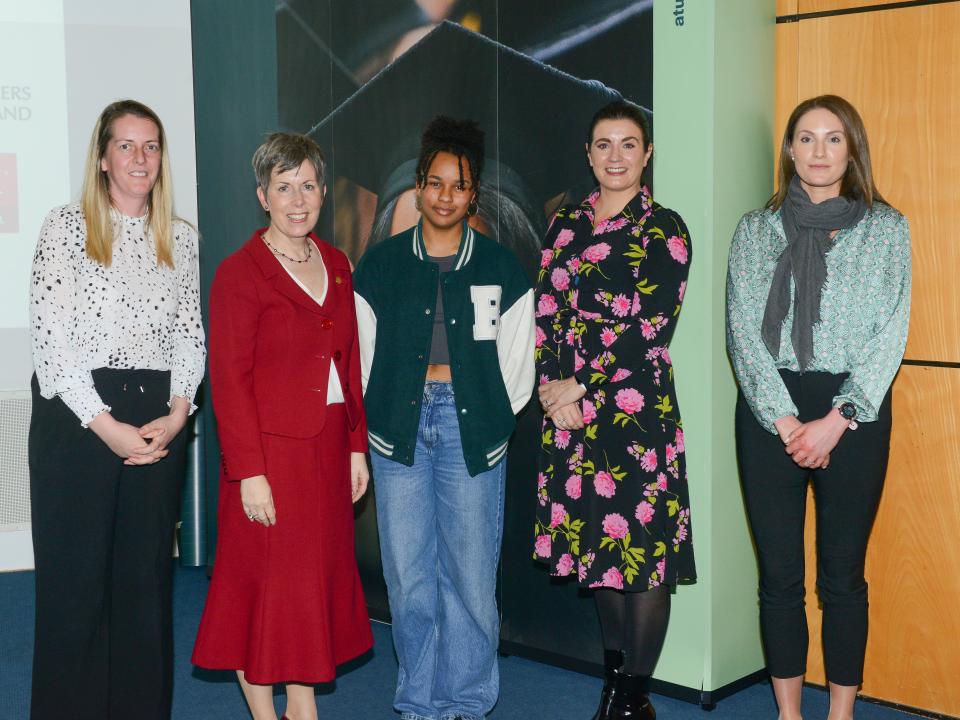 <p>L to R: Iseult Mangan, Regional Project Coordinator, Teen, TEENTURN,  Dr Orla Flynn, President of ATU; Rebecca Dara, First year Mechanical Engineering student, TRANE Technologies STEM Career Pathway Scholarship recipient, Gail Quinn, HR Leader and Isobel Foyle, HR Business Partner, Trane Technologies.  <br />
 </p>
