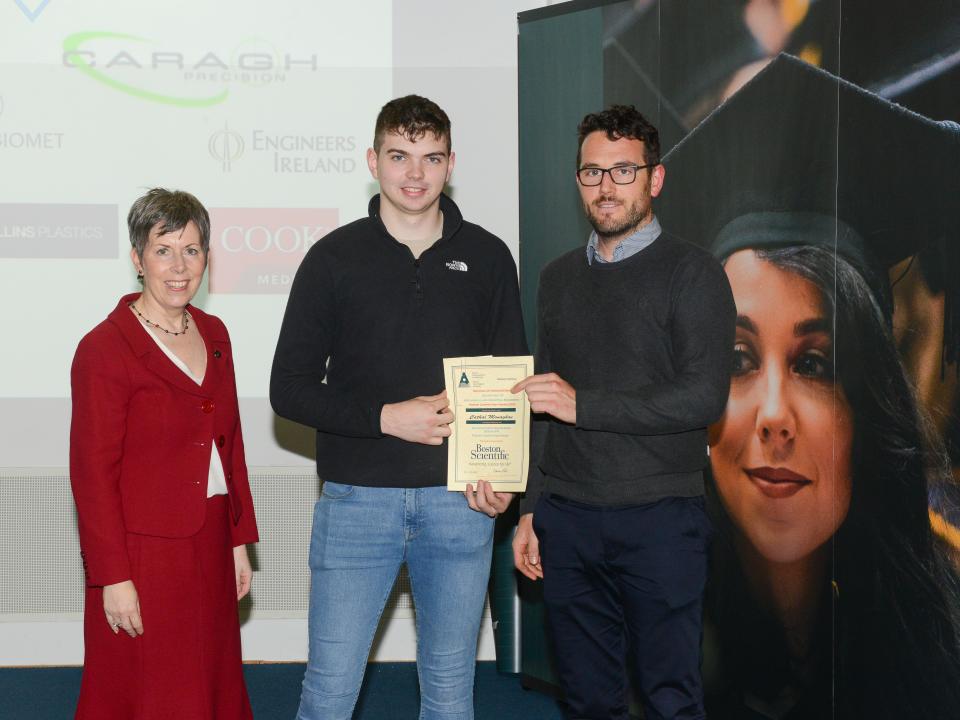 <p>Manufacturing Engineering Design Competition Winner <br />
L to R: Dr Orla Flynn, President of ATU; Cathal Monaghan, Manufacturing Engineering Design, Poster Competition Award recipient; and Gerard Forde, Project Manager, Boston Scientific.<br />
 </p>
