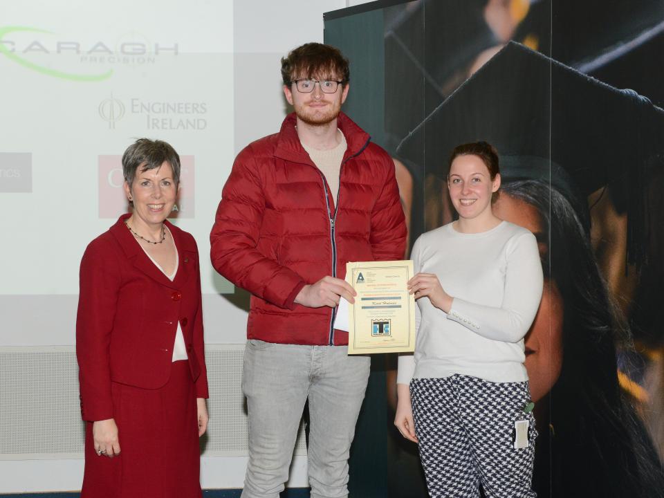 <p>Mechanical Engineering – Energy Specialisation Competition Winner <br />
L to R: Dr Orla Flynn, President of ATU; Karl Holmes, Mechanical Engineering – Energy Specialisation, Poster Competition Award recipient; and Niamh Dolan, Mechanical Design Engineer, Thermo King.</p>
