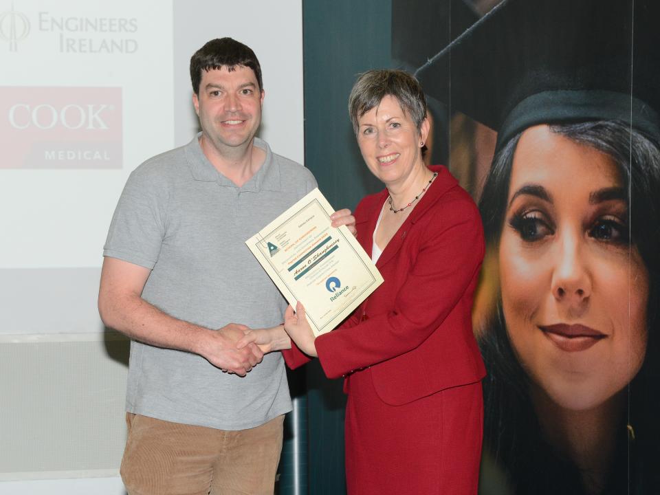 <p>Mechanical Engineering – Product Design Specialisation Competition Winner <br />
L to R: Alan Connors - Supervisor, representing student Aaron O’Shaughnessy, Mechanical Engineering – Product Design Specialisation, Poster Competition Award recipient; and Dr Orla Flynn, President of ATU.<br />
 </p>
