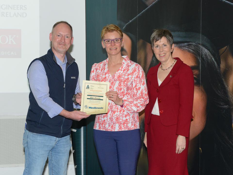 <p>Mechanical Engineering – Biomedical Stream Specialisation Winner <br />
L to R: Richard Tarrant, Principal Engineer, Medtronic; Dr Carine Gachon, Transcend Project Manager representing student Rafe Queally, Mechanical Engineering – Biomedical Specialisation, Poster Competition Award recipient; and Dr Orla Flynn, President of ATU. </p>
