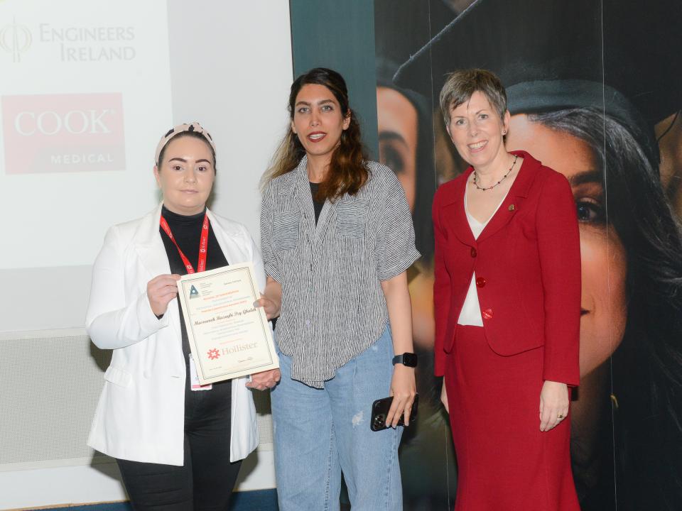 <p>Postgraduate Engineering Competition Winner <br />
L to R: Shauna Clarke, Associate Project Process Engineer, Hollister ULC; Masoumeh Razaghi Pey Ghaleh; Postgraduate Poster Competition Award recipient; and Dr Orla Flynn, ATU President.<br />
 </p>
