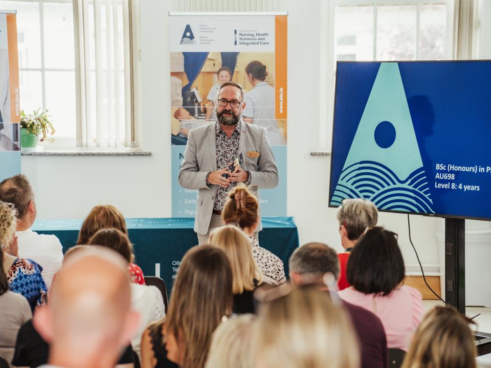 <p>Dr Justin Kerr, Head of School and Vice President of ATU Mayo, welcoming attendees at the event.</p>
